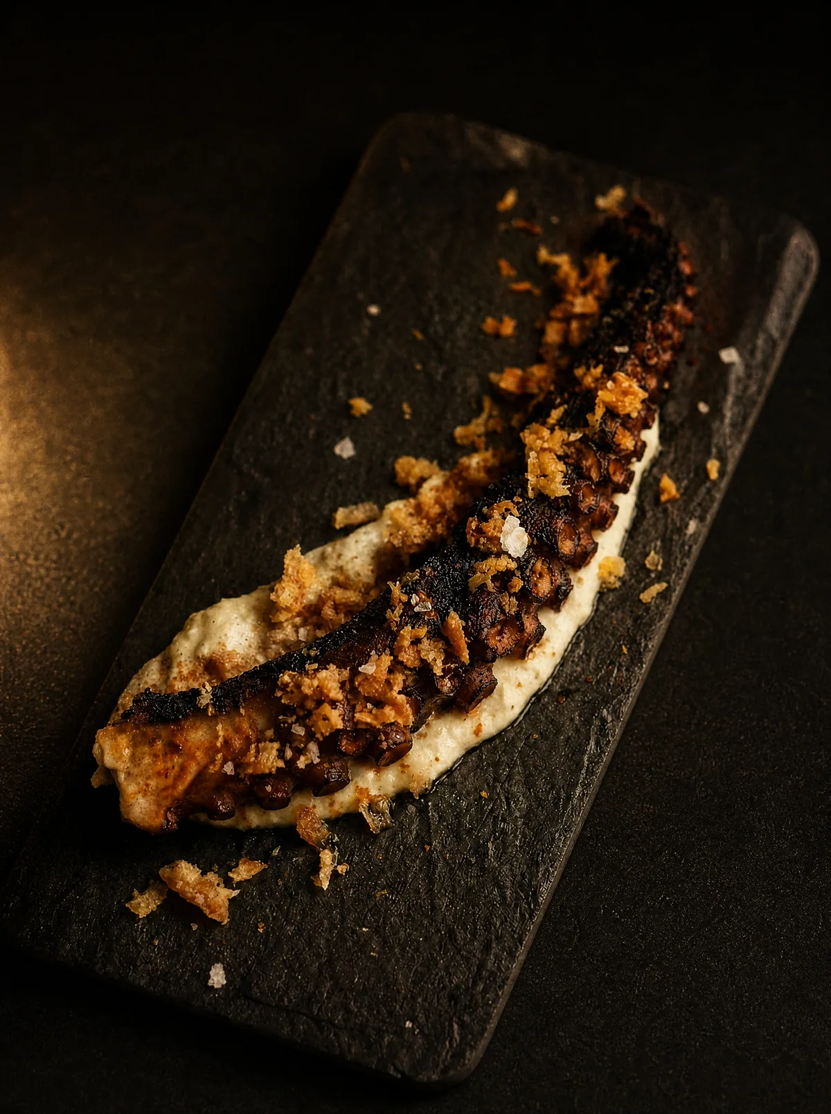 Pulpo a la brasa sobre parmentier con crujiente, servido en pizarra